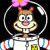 Pixelated cartoon squirrel in white astronaut suit with pink flower on helmet, smiling with large teeth against black background