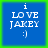 Blue square with white text 'i LOVE JAKEY :)' on green background, four identical