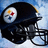 Black football helmet with white facemask and Steelers logo on side, set against blue sky background.