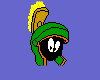 Pixelated green helmeted character with yellow plume, black face, white eyes, orange mouth, on blue background with text variations.