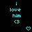 Pixelated cyan text and symbols on black background with animated heart shapes appearing below.