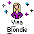 Pixel art of a blonde woman in purple top with hands on hips, surrounded by colored crosses and text 'Viva Blondie' below.
