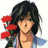 Pixelated anime-style character with dark hair holding red flowers, wearing a blue garment with visible shoulder and neck area.