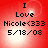 Red background with white light burst effect, displaying text "I Love Nicole<333 5/18/08" in black pixelated font across four