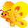 Pixelated yellow-orange insect with red antennae and black eyes, shown in four distinct poses against a gray background.