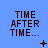 Blue background with dark brown text reading "TIME AFTER TIME..." in three , each containing three identical text blocks with different small symbols below them