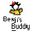 Pixelated buddy icon featuring a yellow stick figure with black limbs and red head, positioned above text reading "Benji's Buddy" in blocky font.