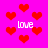 A static image with a bright pink background filled with red pixelated hearts and the word 'love' in white text.
