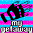 Pixelated static icon with black silhouette, pink and blue horizontal stripes, and bold text reading 'my getaway' at the bottom.