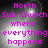 Pixelated text in bright pink reads "North Sub Church where everything happens" over a grayscale background with light flares.