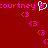 Red background with pink pixelated text reading "courtney b." and a white heart symbol, surrounded by scattered pink <3 symbols.