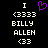 Pixelated text and symbols on black background with purple heart animation; white text includes 'I', '<3333', 'BILLY ALLEN', '<33'