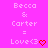 Pixelated pink background displays 'Becca & Carter = Love<3' text with red heart symbols in three variations of heart shape and position.