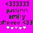 Pixelated text and symbols on a bright pink background with two identical side-by-side layouts featuring repeated '3' characters, names, and heart icons.