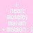 Pixelated text displays 'i heart moseley mariah + matson : ]' across four color-blocked sections with pink, light blue, cyan, and light blue backgrounds.