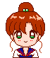Pixel art character with brown hair in a bun, green eyes, red cheeks, and a sailor-style uniform with blue and red accents.