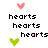 Pixelated text and heart icons in pink, green, and black on white background with gray rectangle.