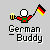 Pixelated character holding a beer mug and German flag with 'German Buddy' text below on gray background.