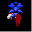 Blue anthropomorphic hedgehog with red shoes and white gloves in multiple pixelated poses against black background.