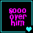 Pixelated text '5000 over him' in bright pink on black background with cyan border, accompanied by animated heart symbols changing from single to double to double to single.