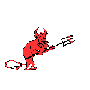 Red devil icon with horns, tail, and pitchfork in pixelated animation showing sequential movement across three