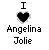 Pixelated graphic with text 'I ❤️ Angelina Jolie' on left, two images of a woman on right and bottom: one holding red rose in mouth, another lying down smiling.