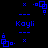 Blue pixel art icon with repeating geometric patterns and text 'Kayli' on black background, showing animation changes in corner elements.