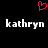 A black background displays a pink pixelated heart symbol above two identical white pixelated text strings reading 'kathryn' side by side.