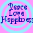Four identical circular icons with light blue rings on a pink background, each displaying 'Peace Love Happiness' text in dark blue serif font.