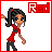 Pixel art of a character in red shirt and black pants with a red hair tie, standing in a walking pose with 'Red' text in red block letters.