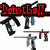 Pixelated image of paintball guns with overlaid text phrases like "Paintball..." and "the greatest sport ever," featuring blue, red, black, and gray colors.