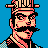 Pixel art portrait of a mustached man with a hat, wearing a checkered shoulder pattern against a solid blue background.