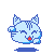 A 6-frame animated contact sheet of a pixelated blue cat character with striped patterns, showing various poses and expressions against a gray background.