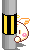 Pixelated character with white face, pink cheeks, and orange ears peeks from behind gray pole with black-yellow stripes; blue wavy lines float above.