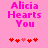 Pink background with pixelated text 'Alicia Hearts You' and five red hearts below, where the third heart is lighter in color.