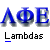 Blue pixelated letters AΦE above black and white text Lambdas with a blue underline on gray background.