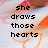 Pixelated text reads 'she draws those hearts on her paper for a reason...' over a blurred background with orange and pink shapes.