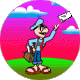 Cartoon character in blue uniform holding a letter aloft against pink sky with clouds and green ground.