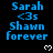 Blue text on black background reads 'Sarah <3s Shawn forever' with white heart symbols, displayed in a with repeated elements and a gray area at bottom right