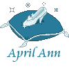 Four identical pixel-art frames show a blue cushion with white trim holding a silver glass slipper, surrounded by small star-like symbols and the text "April Ann" below.