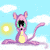 Pixelated pink cat-like creature with green eyes and yellow belly sits on cloud, holding sunflower with purple center and yellow petals.