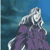Animated sequence of a character with long white hair in a purple coat against blue background, showing head and body movement.