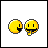 A 2x2 contact sheet of a pixel art animation featuring two yellow smiley faces with black outlines, showing frame-by-frame changes in the right face's mouth and hand gestures across three visible frames.