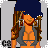 Pixelated cartoon character with orange skin wears gray bikini top, white skirt, black belt, blue headscarf, and large earrings; text reads 'on me!' and 'All eyez' on gray background.