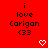 Red background displays black text 'i love Carigan <33' with two white pixelated hearts below, one heart animates from solid to outline.