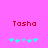 Pixelated red text 'Tasha' on bright pink background with cyan and light blue star-like shapes below.