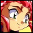 Pixelated anime-style character with red hair and yellow clothing, next to stylized text on a black background.