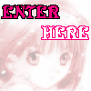A pixelated anime-style character with brown hair and large eyes appears behind pink text reading ENTER HERE, with text colors swapping between frames.