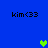 Blue background with four 'kim<33' text labels and three pixelated hearts in green and teal positions.