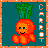 Pixelated cartoon carrot character with green leafy top, orange body, and smiling face on teal background with vertical "CARROT" text.